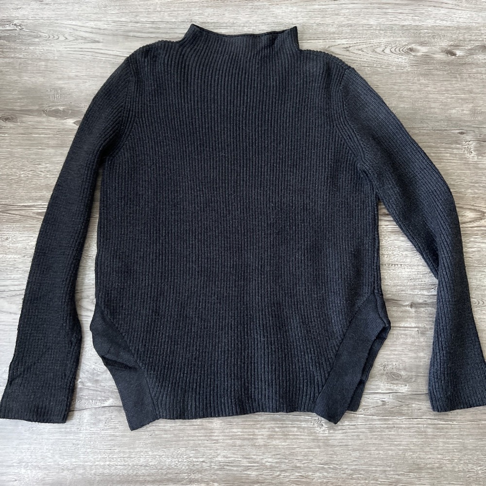 Zara Knit Ribbed Mock Neck Sweater Womens M Black Side Slits Pullover